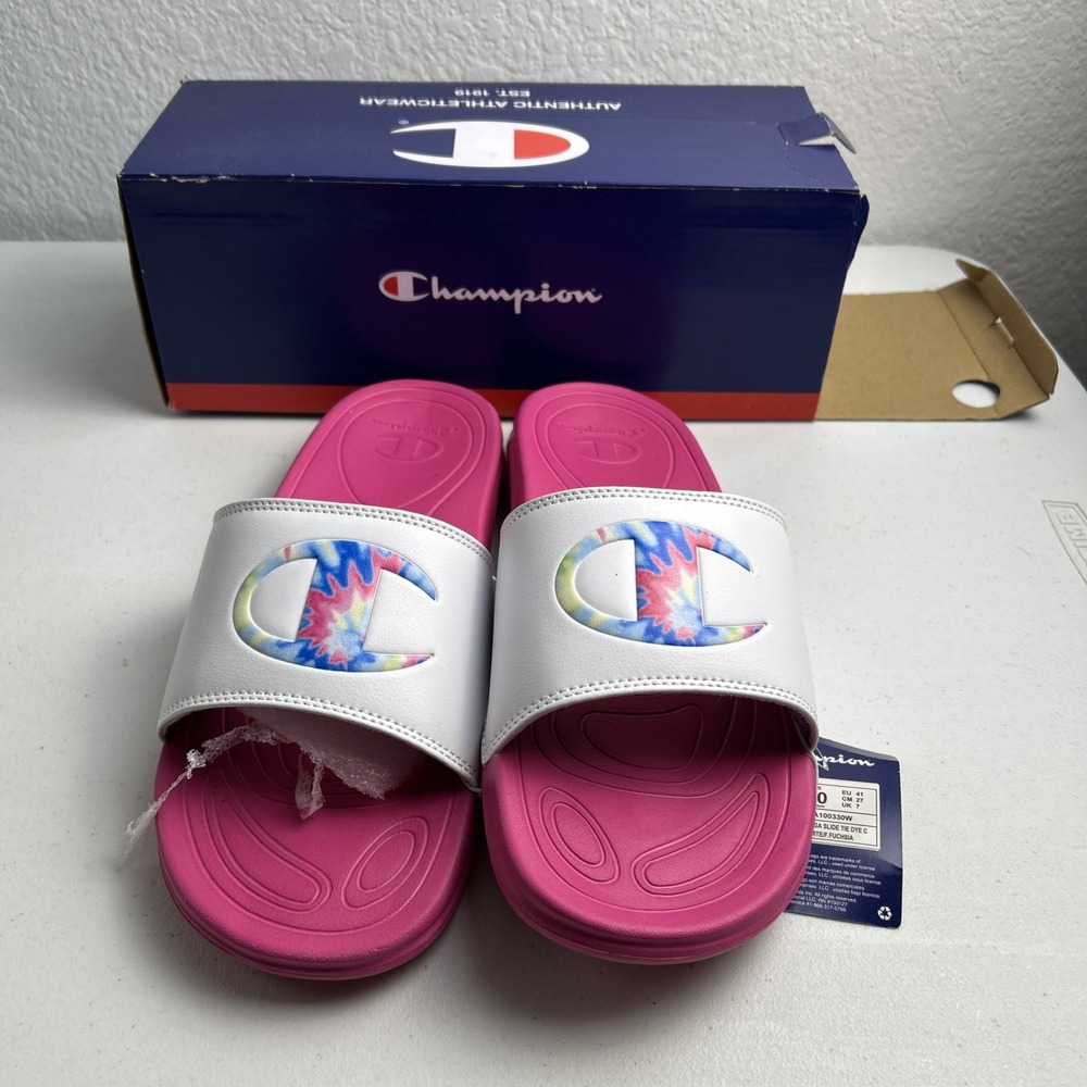 Champion Mega Slides Tie Dye Women Sandals‎ White Fuscia W Box Size 10 NWT